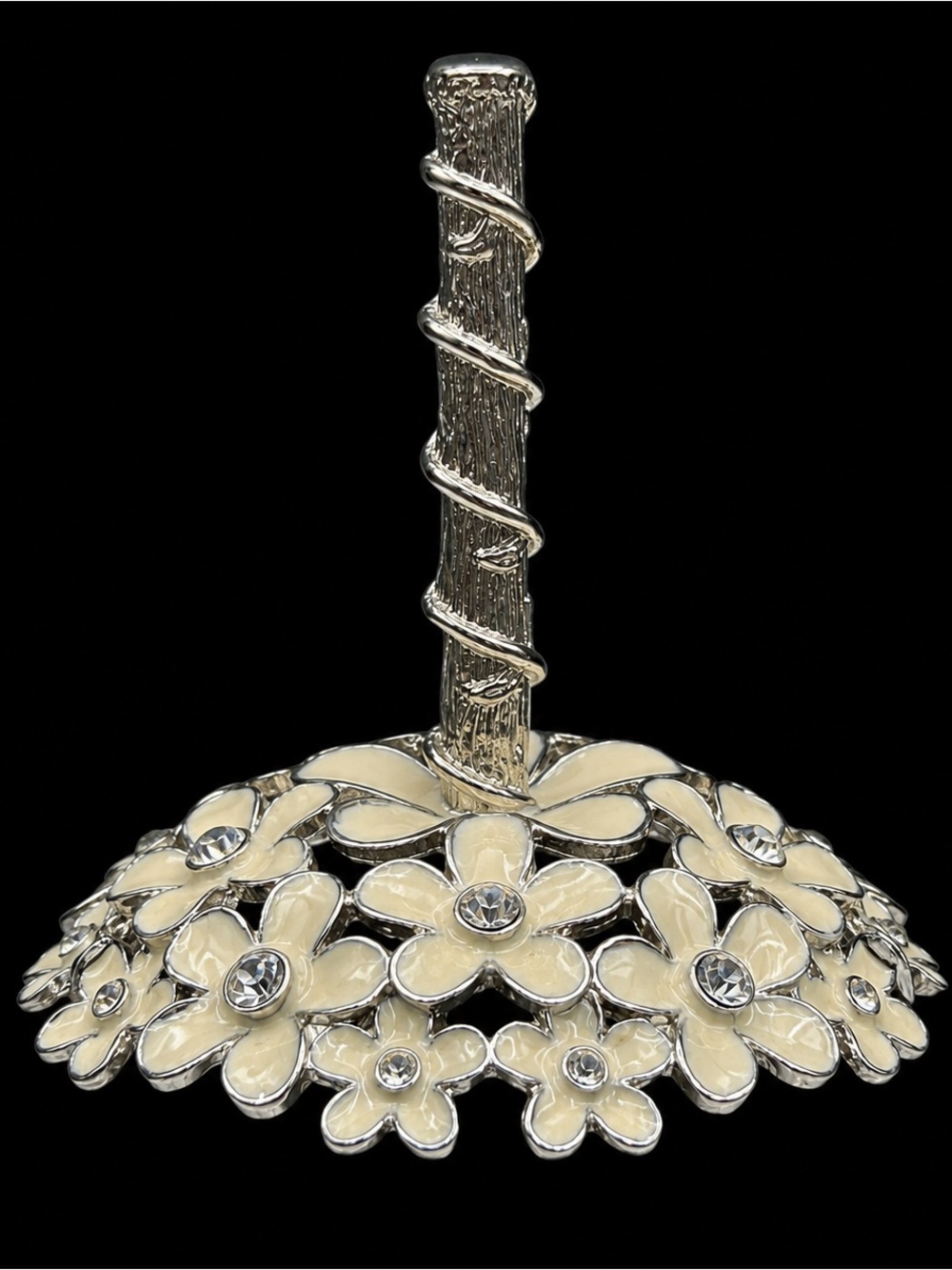 Sicura Italian Designs Flower Ring Holder Ivory Enamel Crystal Jewelry Stand
